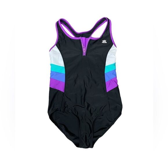 Swimsuit One Piece Black Purple front zip - Picture 1 of 4
